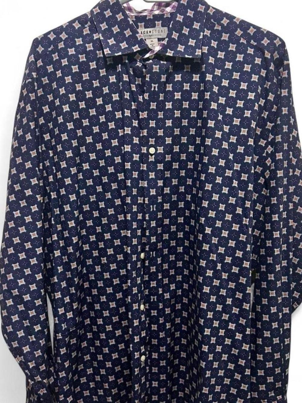 Navy blue vintage style geometric medallion print button up shirt
